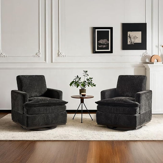 VINGLI Mid-Century Modern Single Swivel Armchairs Set of 2 360° Swivel Double-Layer Seat Cushions Upholstered Square Club Chair for Living Room Bedroom Reading RoomChenille Black