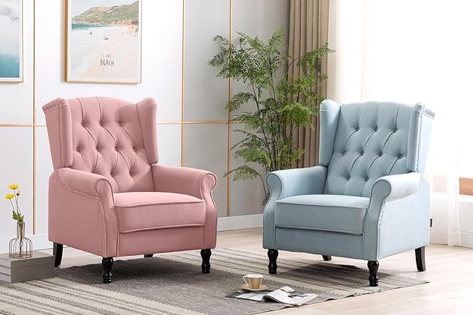 Artechworks Winged Fabric Modern Accent Chair Tufted Arm Club Chair Linen Single Sofa with Wooden Legs Comfy Upholstered for Reading Living Room Bedroom Office Pink