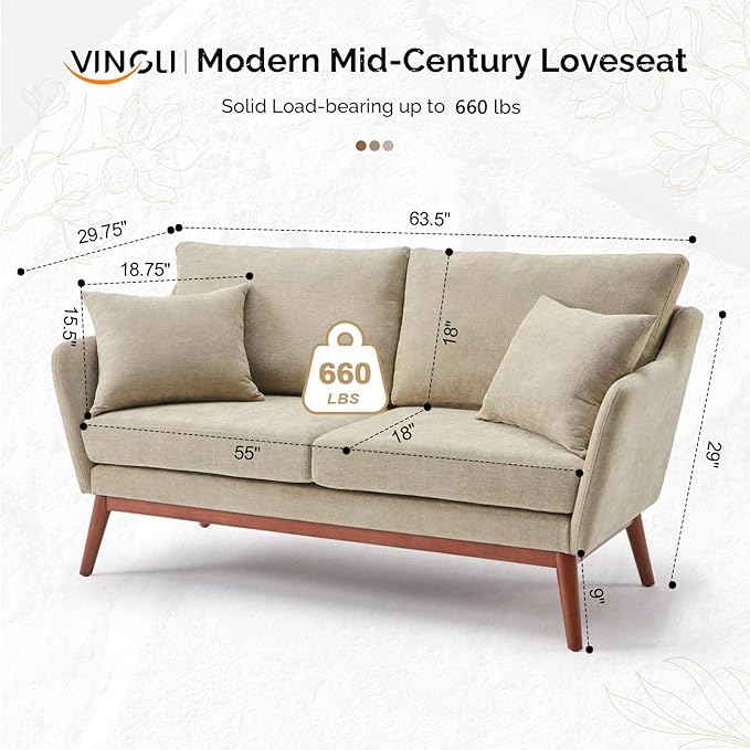 VINGLI 63.5 W Comfy Small Upholstery Love Seat Couch with Soild Rubber Wood Frame 2 Seater Mid Century Linen Fabric Loveseat Sofa Mini Couch with Two Pillows for Small Spaces Bedroom Khaki