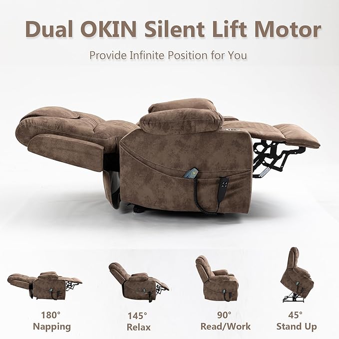 Oversized Power Lift Recliner Chair for Big and Tall 400 LBS Dual Motor Electric Recliner with Heat Massage 180° Zero Gravity Sofa Chair for Living Room Home Theater Velvet Brown