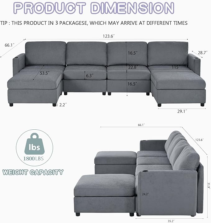 123 Large Modular Sectional SofaModern U-Shaped Sectional couch with Storage6-Seater Deep Seat Chenille Fabric Sofa for Living Room L-Shape Convertible with Movable Ottoman &amp Cup Holders (Grey