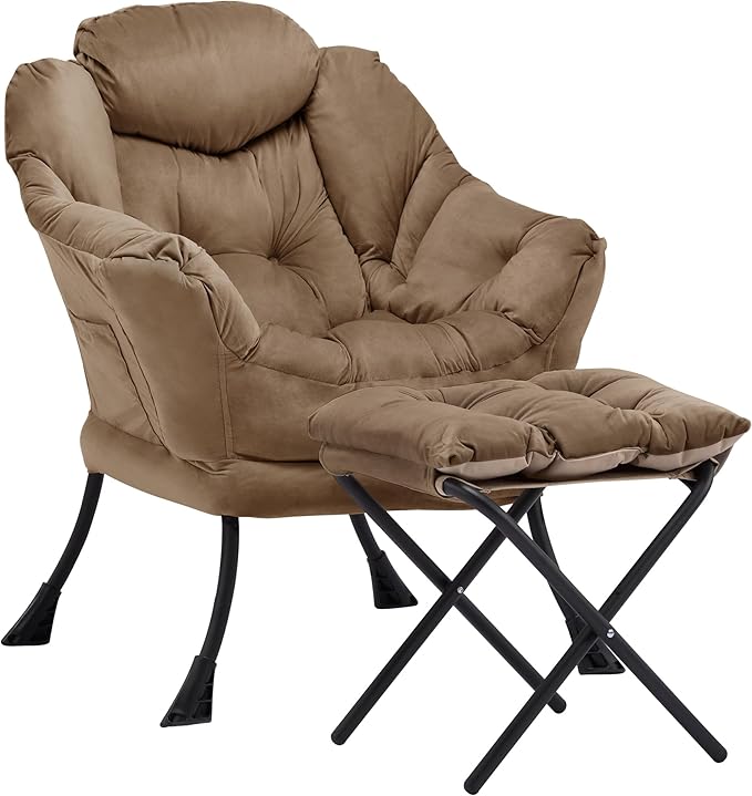 Lazy Chair with Ottoman Comfy Accent Lounge Chair with Side Pocket Modern Reading Armchair with Footrest Upholstered Sofa Chair for Small Spaces Bedroom Living Room Dorm Brown