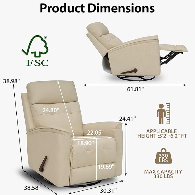 360° Swivel Manual Recliner Nursery Recliner Chair with Lumbar SupportRocker Recliner Chair for Adults Small Recliner for Living Room Bedroom Nursery Chenille Beige
