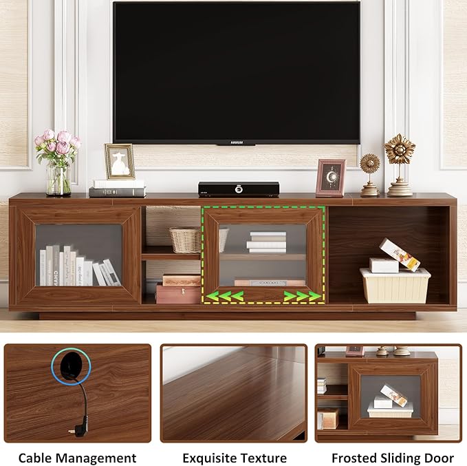 HSH Walnut TV Stand for 60 Inch TVsEntertainment Center with Storage and Sliding DoorsFarmhouse Low Tv Stand Wood for Living RoomMedia Console Cabinet for Bedroom55 Inch