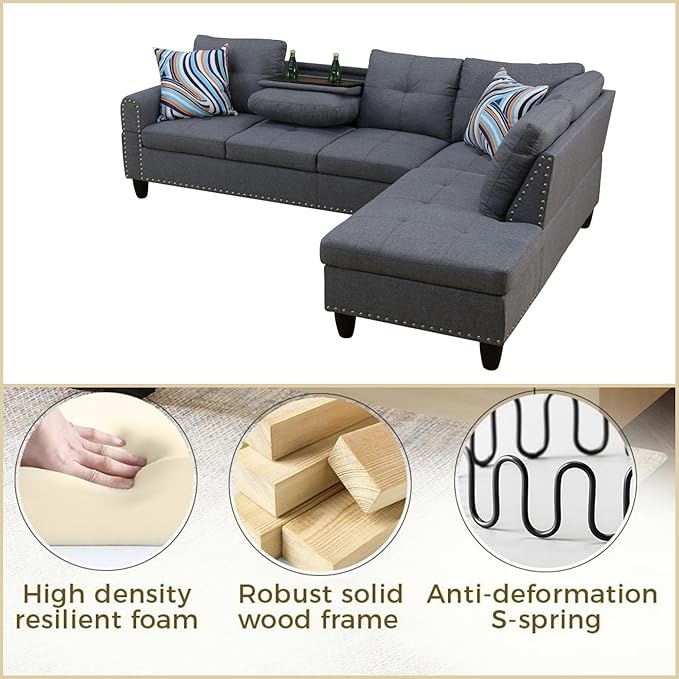 FONTOI L Shaped Sectional Couch Sofa Modern Nail-Head Design Sectional Sofa for Living Room 4 Seat L Couch with Storage Ottoman &amp Cup Holder for Bedroom Apartment Grey