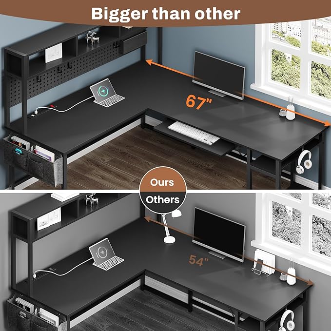 SEDETA L Shaped Gaming Desk Reversible Computer Desk with Power Outlet and Pegboard Gaming Desk with Led Lights Keyboard Tray and Storage Bag for Home Office Black