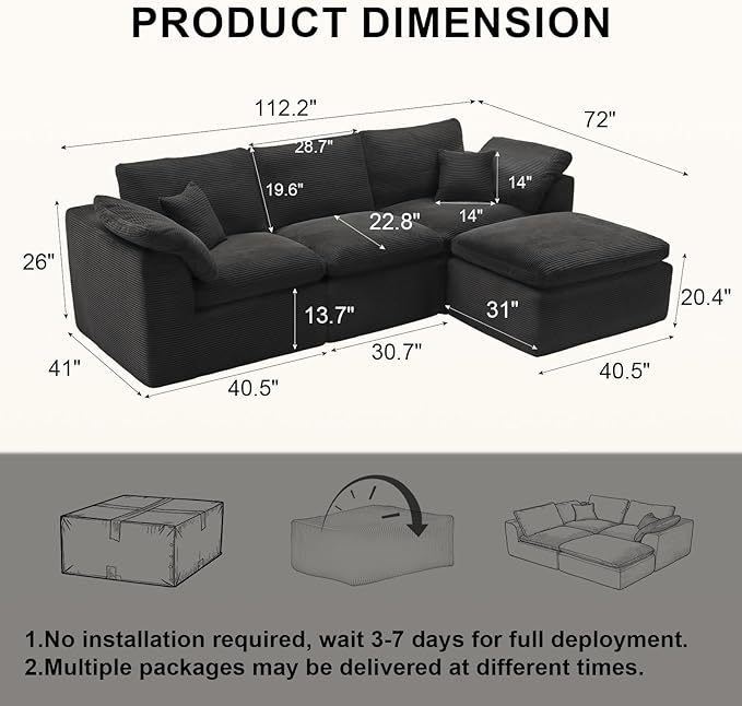 112 Cloud Sectional Couch Boneless Couches for Living Room L Shaped Couch with Convertible Ottoman Modular Sectional Sofa with Deep Seat Comfy Soft Cushions No Assembly Black
