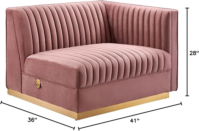 Modway Sanguine Channel Tufted Upholstered Performance Velvet Modular Sectional Sofa Right-Arm Chair in Dusty Rose