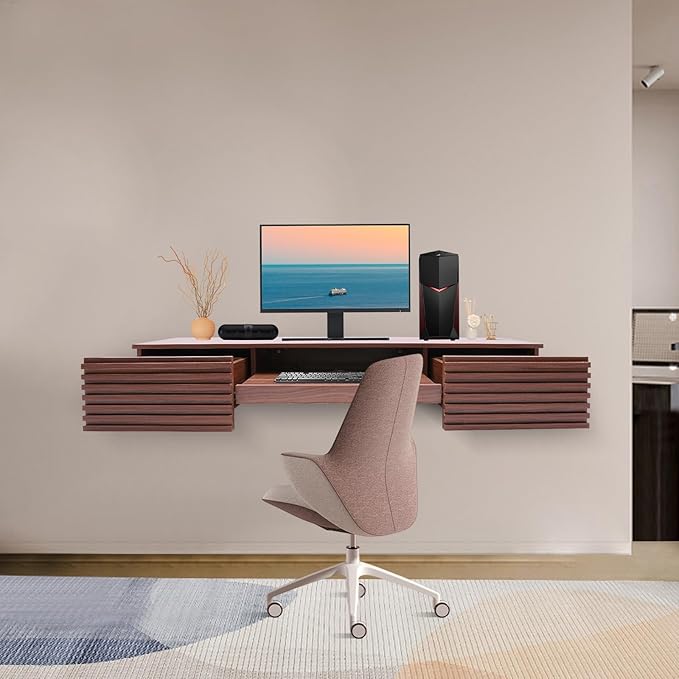 Modern Wall-Mounted Computer Desk 60 W x 15.5 D x 9.5 H Brown Home Office Desk with Pull-Out Drawer &amp Keyboard Tray