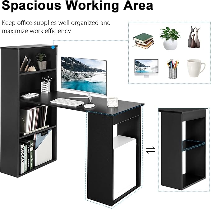 IFANNY Black Computer Desk w/Bookshelf Modern Home Office Desk w/Storage Shelves &amp CPU Stand Space-Saving Design Compact Corner Computer Workstation for Small Spaces
