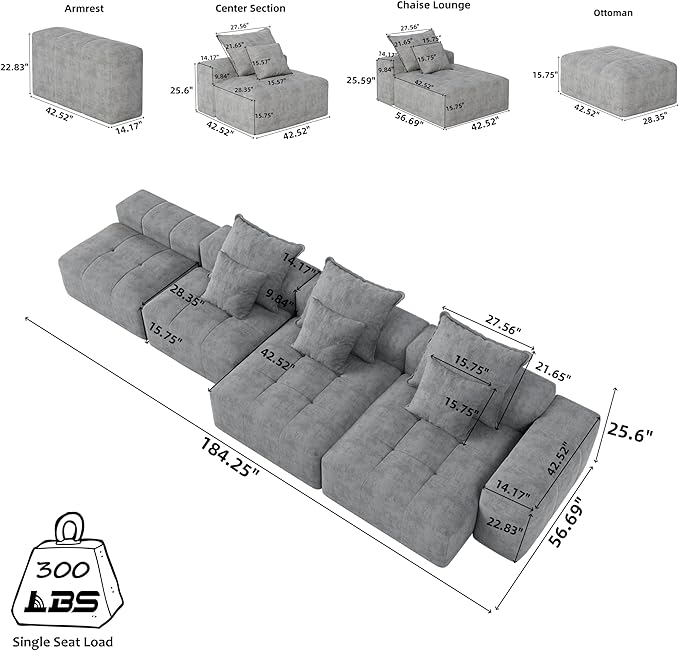 184'' Cloud Couch Modular Sectional Sofa with Ottoman Chenille Oversized Compression Boneless Sofa 6 PC DIY Combination Sleeper Chaise Longue Minimalist Couches for Living Room Black
