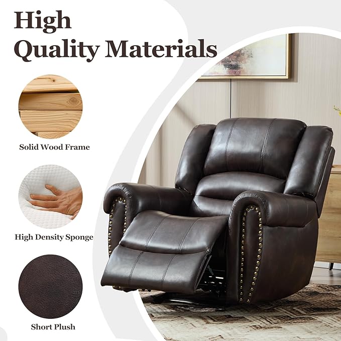 CANMOV Rocker Recliner Chair Leather Recliner Chair with Overstuffed Backrest and Armrests Manual Single Sofa for Living RoomBedroom Dark Brown