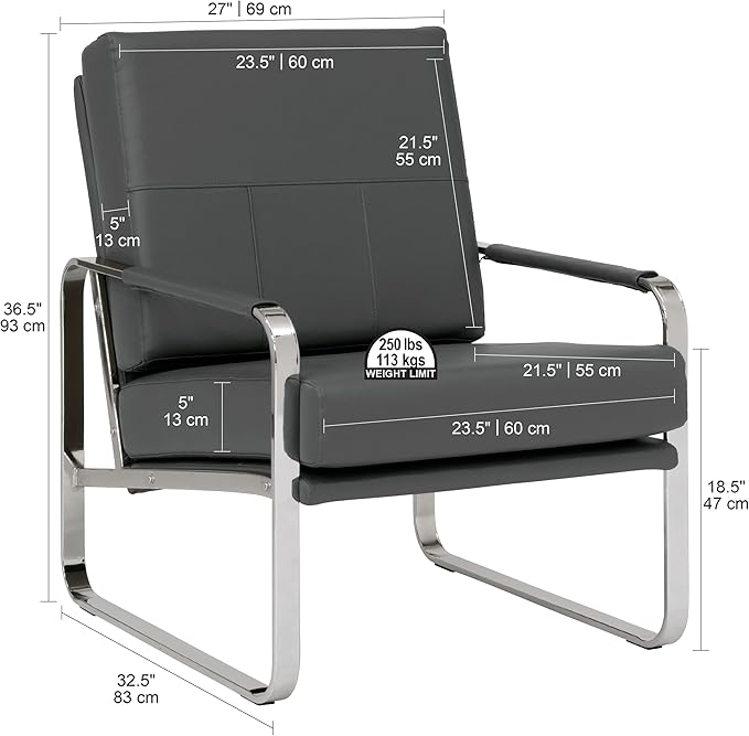 Studio Designs Home Allure Modern Accent Chair in Blended Leather Chrome/Smoke Gray