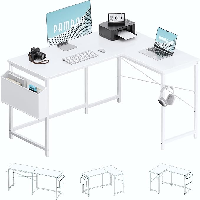Pamray 47 Inch Reversible L Shaped Gaming Desk Corner Computer Desk with Storage Bag Home Office Table for Writing Study White