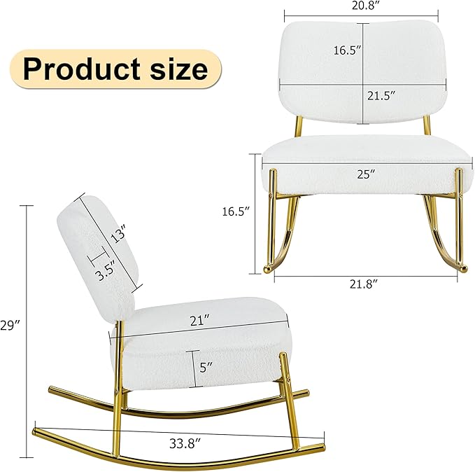 Teddy Suede Material Cushioned Rocking ChairUnique Rocking ChairCushioned seat White Rocking Chair with backrest and Golden Metal Legs. Comfortable Chairs in Living Room