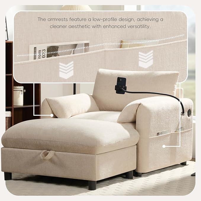 Oversized Accent Sofa Chair with Ottoman Chaise Lounge Chair with Phone Holder USB Charger Side Pockets Chenille Reading Armchair for Living Room Bedroom (Beige)