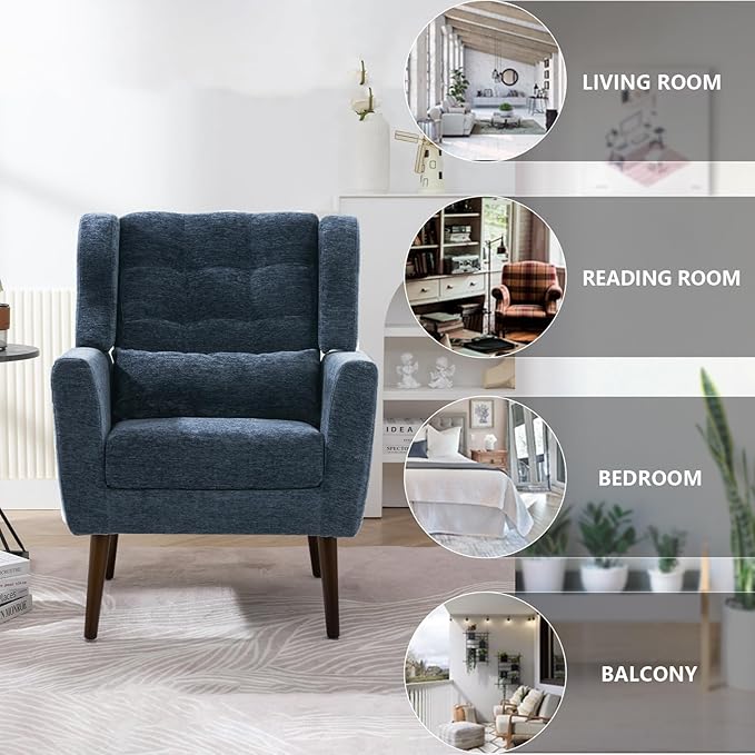 Modern Accent ChairsUpholstered Arm Chairs with PillowMid Century Sofa Chairs with Chenille FabricComfy Reading Chair for Living RoomBedroom (Blue Set of 2)