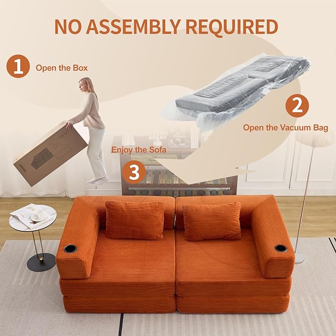 78 Loveseat Sleeper Sofa 4 in 1 Convertible Floor Sofa Bed Boneless Cloud Couch with Cup Holder Fold Out Floor Couch for Living Room Bedroom Lounge Corduroy Orange