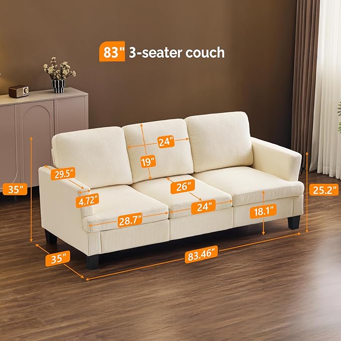 VINGLI Beige 83 Sofa Couches for Living Room Corduroy Modern Comfy 3 Seater Couch 25.6 Deep Seat Upholstery Cozy Sofas for Small Space Bedroom Apartment Home Office