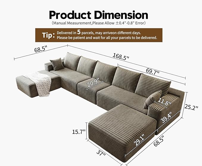 168.5 U Shaped Cloud Sectional Sofa for Living Room Plush Corduroy Cover Fluffy Memory Foam Cushions No Assembly Required Modular Chaise Lounge Oversized Comfortable Couches Set Camel