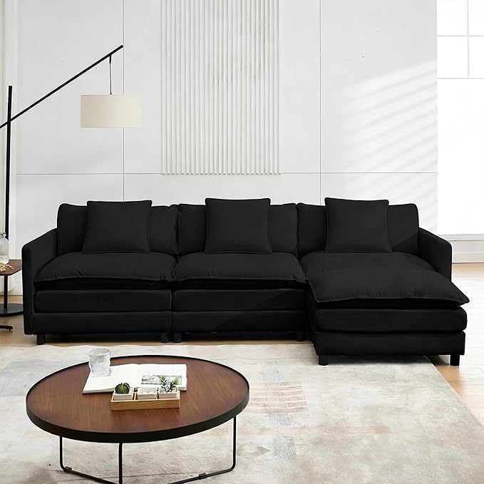 Modular Sectional Sofa108.27'' Modern Corduroy Sofa Set for Living Room with 3 Seat &amp 1 Ottoman &amp 3 Pillows Comfy Cloud Couches with Movable Ottoman DIY Combination Chenille (Black L Shap