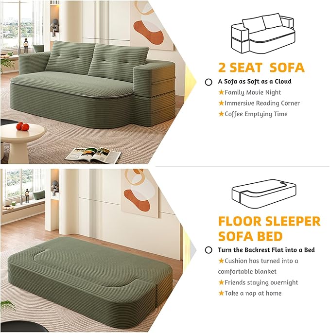 78.7 Full Size Boneless Couch Bed Plush Corduroy Memory Foam Floor Sofa with Multi Functional Blanket 2 in 1Convertible Sleeper Sofa Bed for Living Room Offices Apartment No Assembly (Green)