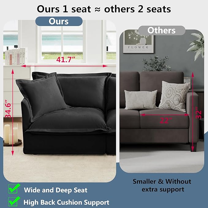 Aoowow Oversized Modular Sectional Sofa Chair Set of 2 49” Chenille Fabric Single Armchair Comfy Deep Seat Couch Sofa with Big Toss Pillows for Living Room Apartment Office(Black-Chenille)