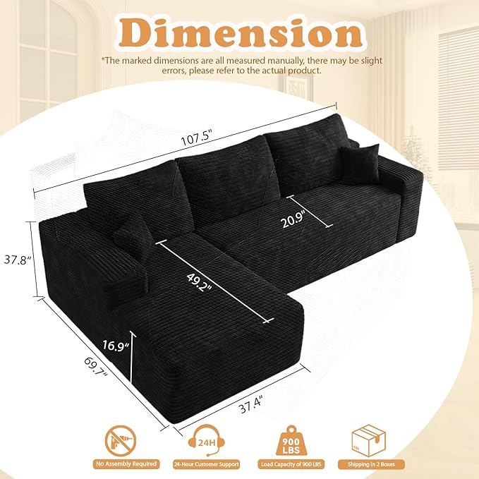107 L-Shaped Modern Modular Sectional Sofa Oversized Corduroy Boneless Couches with Deep Seat Comfy Upholstered Cloud Couch for Living Room (Black 3S+Left Facing Chaise)