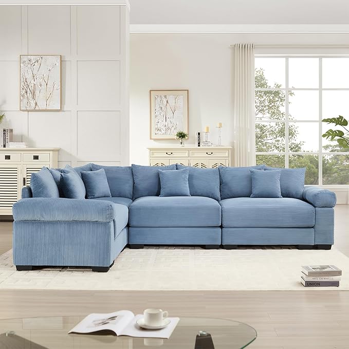 117 Corduroy Sectional Couches for Living Room Blue Comfortable Oversized Sectional Sofa Set with Deep Seat Large 3 Seater Couch with Corner Sofas para Sala Modern Couch Set