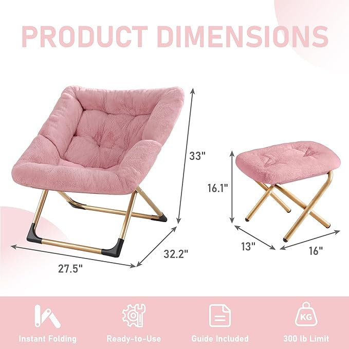 Comfy Oversized Saucer Chair with OttomanSoft Faux Fur Reading Lounge Chair for AdultsStable X-Large Metal Frame and Non-Slip PadCozy Chair for Bedroom Living Room Dorm Office Pink