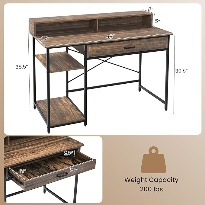 Giantex Computer Desk with Monitor Shelf 48 Home Office Writing Desk with Drawer Storage Shelves CPU Stand Study Desk Table Workstation for Bedrooms Rustic Brown