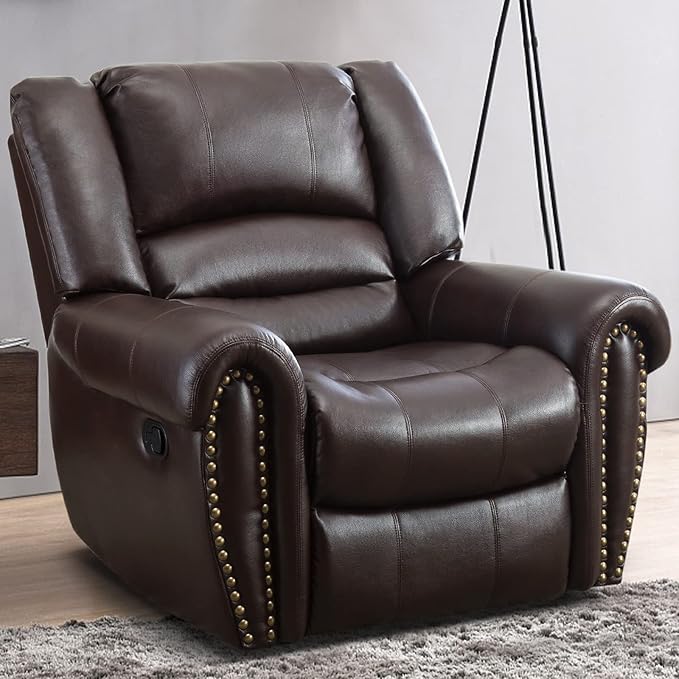 INZOY Leather Recliner Chair Heavy Duty Manual Reclining Sofa Single Lounge Sofa for Living Room Home Theater Seating Brown