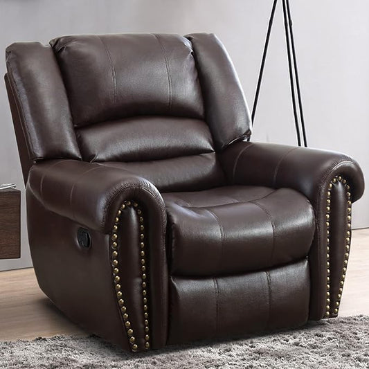 INZOY Leather Recliner Chair Heavy Duty Manual Reclining Sofa Single Lounge Sofa for Living Room Home Theater Seating Brown