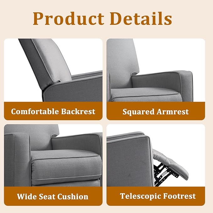 Swivel Rocker Recliner Chair for Adults High Back Fabric Recliner with Deep Seat Manual Glider for Living Room &amp Nursery Charcoal