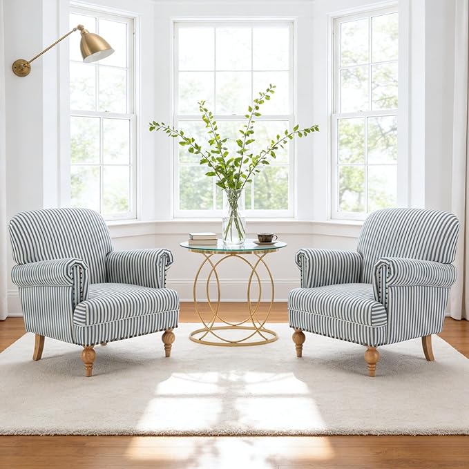 Blue Striped Linen Fabric Accent Chair Coastal Upholstered Armchair with Nailhead Trim &amp Ball Turned Wood Legs Modern Farmhouse Club Chair for Living Room Bedroom Guest Room
