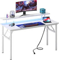 DlandHome Computer Desk 47’’ with LED Lights &amp Power OutletsFolding Desk with Monitor Stand Writing Desk Home Office Desk Fully AssembledWhite