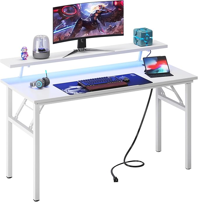 Need 47.2 inch Computer Desk with LED Lights &amp Power Outlets Folding Desk with Monitor Shelf Wide Folding Table Writing Desk Foldable Home Office Desk White