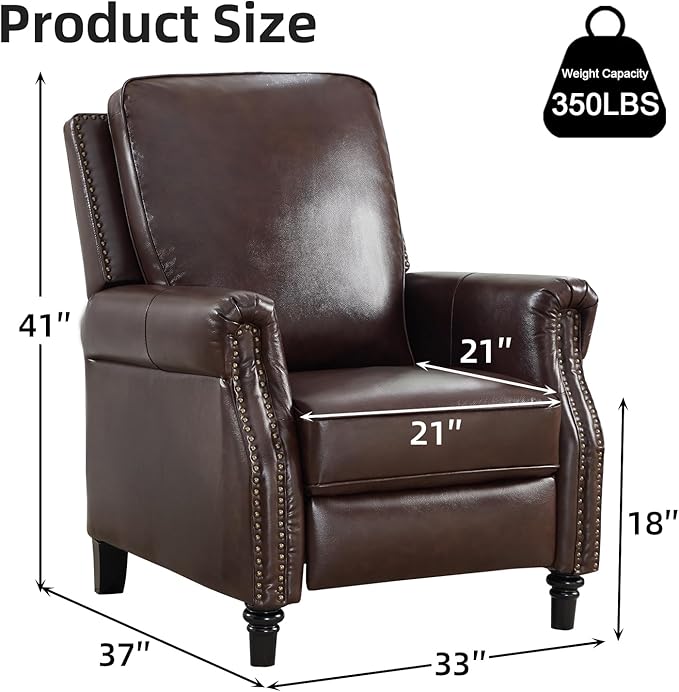 CANMOV Push Back Recliner Chair Genuine Leather Pushback Reclining Chair with Padded Seat Wingback Recliner with Rivet Decoration Single Sofa Recliner for Living Room Apartment Dark Brown
