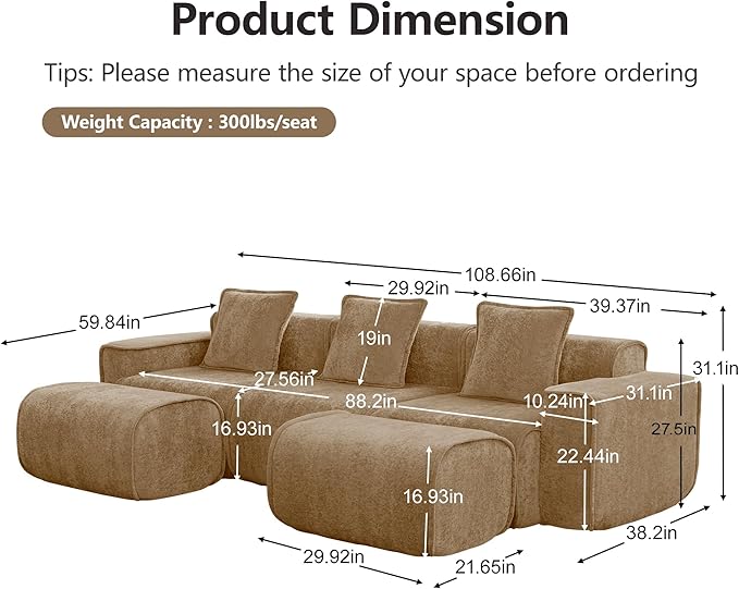 KEIKI 3Seat Modular Boneless Velvet Sofa Couch for Rustic Home Small Space Style Conscious Rustic Homeowners Warm Inviting Comfy Supportive Rest Space Elegant Premium Premium Design