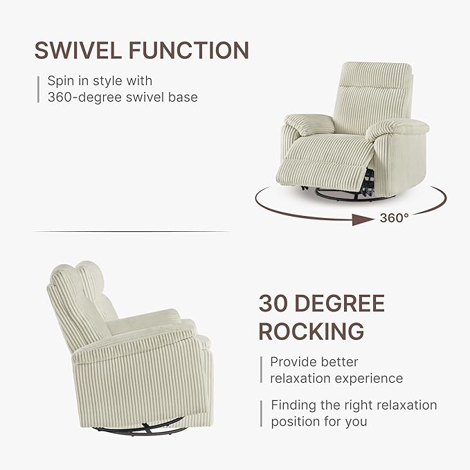Swivel Rocker Recliner for Adults Corduroy 360 Degree Swivel Glider Recliner Manual 3-Position Adjustable Easy Assembly for Small Space Living Room Nursery Bedroom