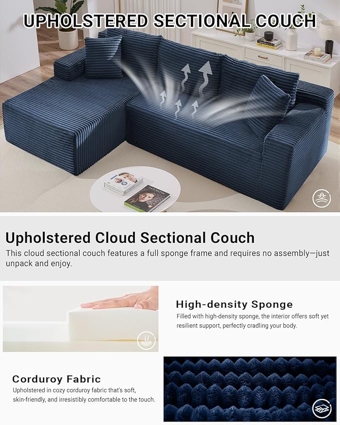 105 Inch Cloud Sectional CouchModern Modular Sectional Sofa with Deep SeatCorduroy Boneless Couches with L-Shape Chaise for Living Room BedroomNo Assembly Required (Blue Left Facing Chaise)