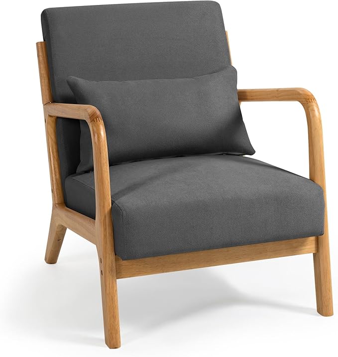 Mid-Century Modern Linen Accent Chair with Solid Wood Arms for Living Room