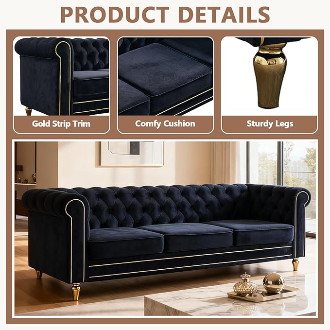 84 Velvet Sofa with Gold Legs Luxury Tufted Couch for Living Room Chesterfield Sofa with Thick Cushion Wide Armrest High-Density Foam Gold Strip Trim (Black)
