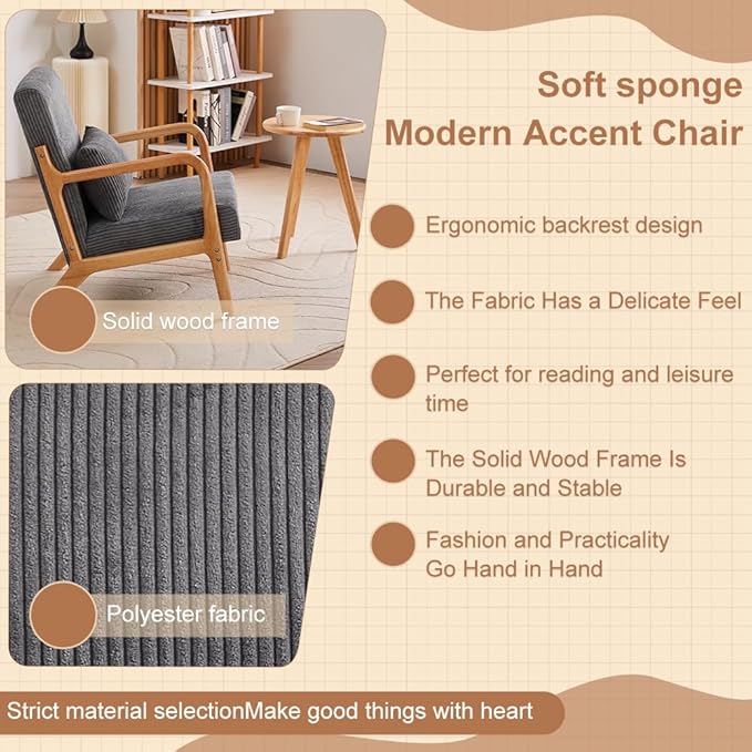 Mid-Century Accent Chair Upholstered Fabric Living Room Chair with Solid Wood Frame Modern Small Side Arm Chairs Comfy Wingback Reading Chair for Bedroom Office (Dark Grey A+Table)