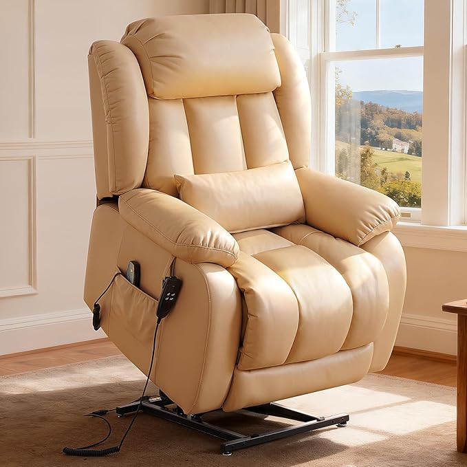 Power Lift Recliner Chair with 8-Point Massage &amp Heat Dual Remote USB/Type-C Ports Easy-Clean Leather Width 19.7 (Leather Beige)