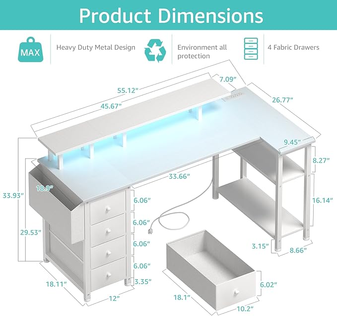Lufeiya White L Shaped Computer Desk with Fabric Drawers 55 Inch Corner Home Office Desk with Monitor Stand Shelves Writing Study Gaming Desks with Led Lights and Power Outlets for Bedroom White