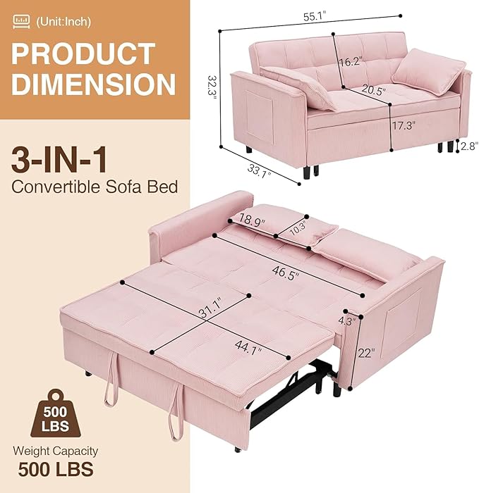 3 In 1 Corduroy Convertible Sofa BedPull Out Couch Bed with Reclining Backrest And 2 Pillows 54 Full Size Loveseat Sleeper Sofa Futon Couch Bed Couches For Small Spaces Living Room (Pink ①)