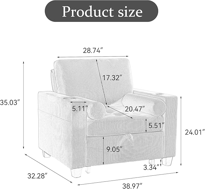 Convertible Sleeper Chair Bed Comfy Corduroy Single Futon Sofa Chairs with Pull Out Bed 3-Levels Adjustable Backrest Accent Chair with Side Pockets Cup Holder &amp USB Ports for Living Room Bedro