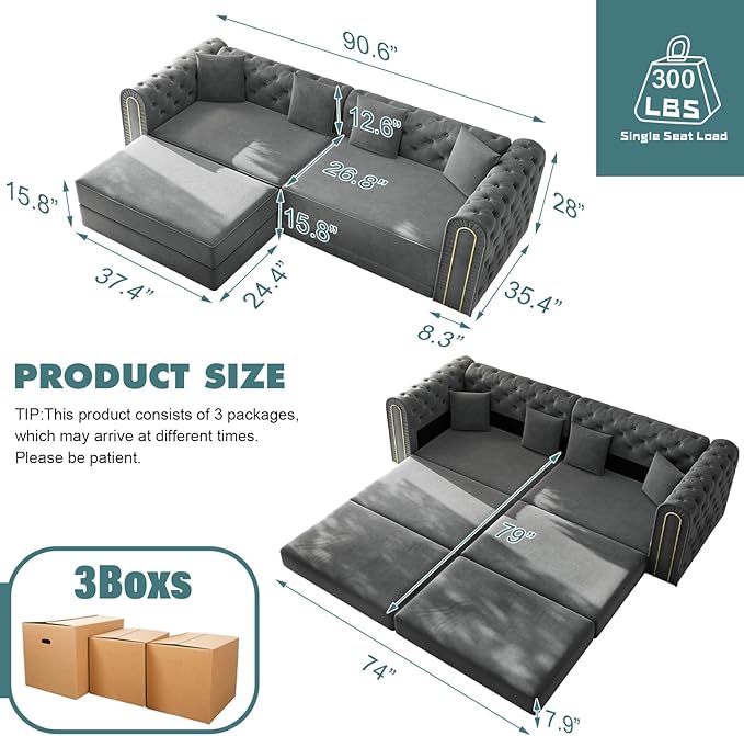 Polibi 90.6 3-in-1 Convertible Sleeper Sofa Bed Velvet Tufted Modern 3-Seater Couch with Movable Ottoman &amp Gold Trim King Size Sleeper for Living Room Apartment Dark Grey