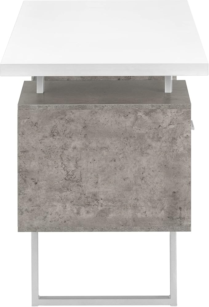Penau Computer Desk for Home Office 60 Inch Contemporary Design with Storage Drawers Reversible Setup in White and Grey Concrete Laminate